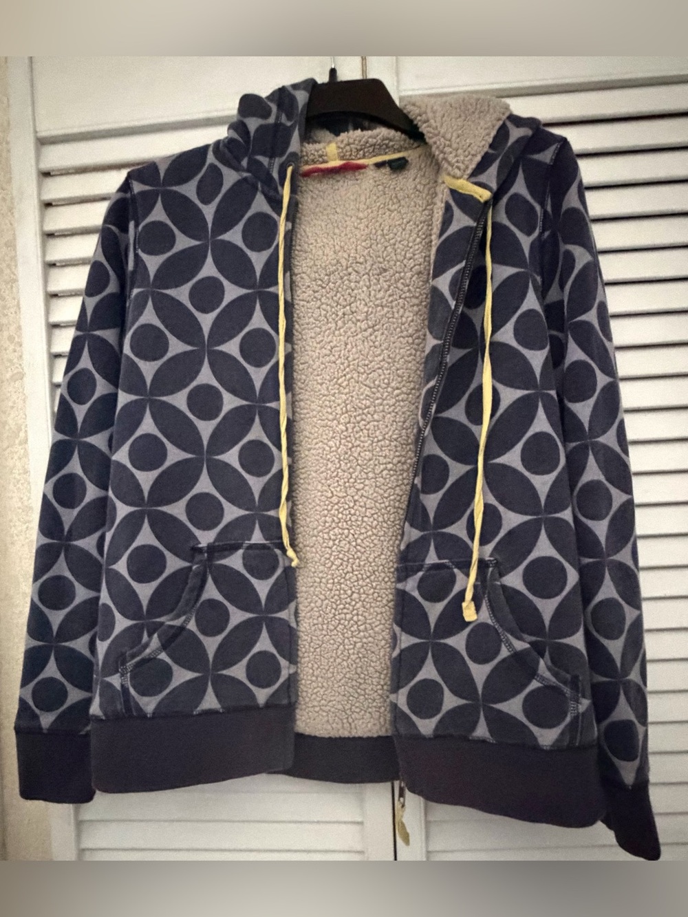 Boden Navy Geometric Sherpa-Lined Zip Hoodie Jacket